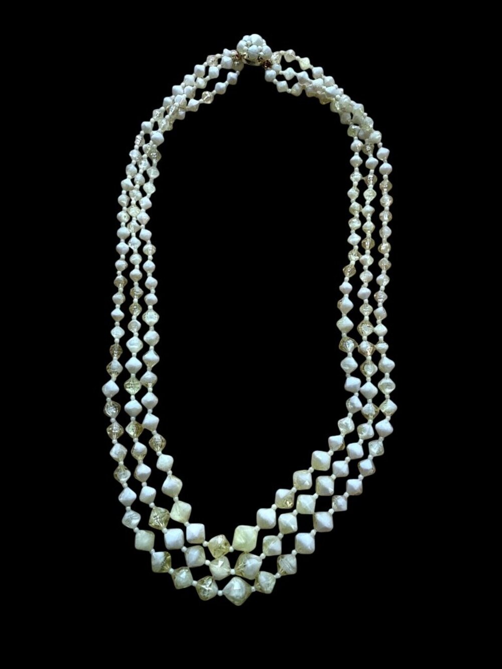 Vintage Three Strand Pale Yellow Faceted Lucite Bead Necklace Made in Hong Kong